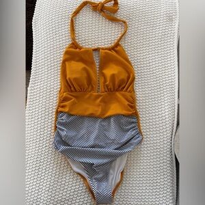 Cupshe Mustard Halter One-Piece with Black & White Stripes